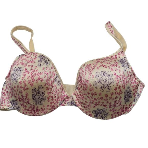 Vintage 1990s Barely There Sz 36C Lightly Padded T Shirt Bra Cream w/ Pink - Picture 1 of 4